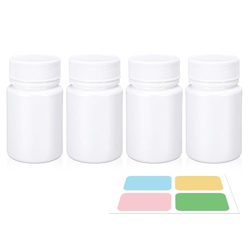 UMETASS White Pill Bottle Empty Medicine Bottles with Screw Caps for Pills Capsules Vitamins Food Grade Plastic Medicine Containers with Labels for Travel (1.7oz/50ml 4 Pcs)