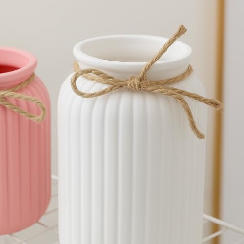 Image of Plastic Ribbed Decorative Vase with Jute Rope Top | Ceramic Look, Unbreakable Flower Pot for Centre Table, Balcony & Living Room Decor | Only Vase (No Flower) (White)