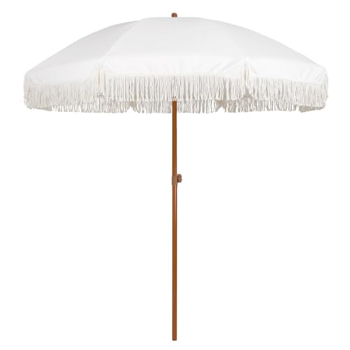 AMMSUN 7ft Patio Umbrella with Fringe, Easy to Set Up, Push Button Tilt, UV 50+ Protection, Outdoor Umbrella with Tassels for Backyard, Pool, Garden, Beach Party, White Cream image 6