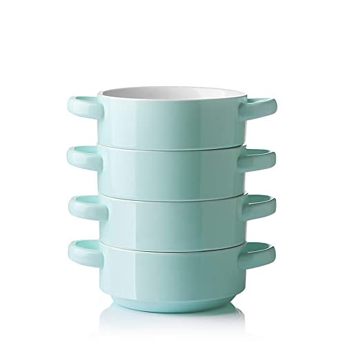 Image of Sweejar Ceramic Soup Bowls with Double Handles, 20 Oz Stacked Bowls for French Onion Soup, Cereal, Pot Pies, Stew, Chill, Pasta, Set of 4(Dark Turquoise)