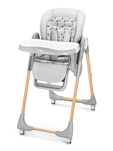 Image of Babilous Foldable High Chair with Soft Cushion, High Chairs for Babies and Toddlers, Height Adjustable Feeding Chair, Adjustable Backrest and Footrest, Lockable Wheels, Woodgrain Star Gray
