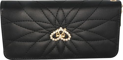 Women's long wallet with crystal bow, women's ultra-thin wallet with wristband, large capacity phone case, black, 7.67 x 3.93 inches - Main Image