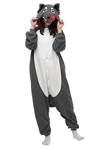Grey Wolf Adult Animal Onesie One-Piece Pajamas Cosplay Costume Halloween for Women and MenSmall