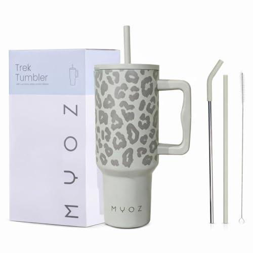 Image of MYOZ 1200ML Stainless Steel Water Mug with Handle, Lid, 2 Straws Leak-Proof Cupholder Tumbler for Gym, Travelling- Spill-Proof 40 oz Bottle (Beige Leopard)