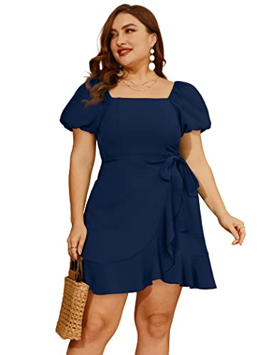 Image of Sampeel Womens Summer Dresses Square Neck Puff Sleeve Tie Waist Short Dress