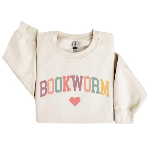 Retro Bookworm Heart Sweatshirt, Gift For Book Lover, Bookish Librarian Sweater, Book Club Gift, Unisex Crewneck Reading Sweatshirt Sand