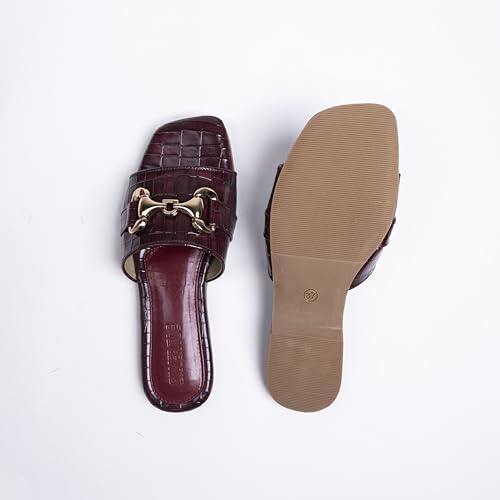 Womens-Flat-Slide-Sandals-Square-Open-Toe-Slides-With-Metal-Chain-Fashionable-Slides-With-Soft-Leather-Bow-Knot-Slippers-for-Summer-Comfort-Walking-With-Classic-Shoes