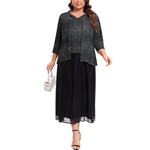 Women's Plus Size Mother of The Bride Suits Tea Length Glimmer Jacket Dress Set Formal Evening Gowns