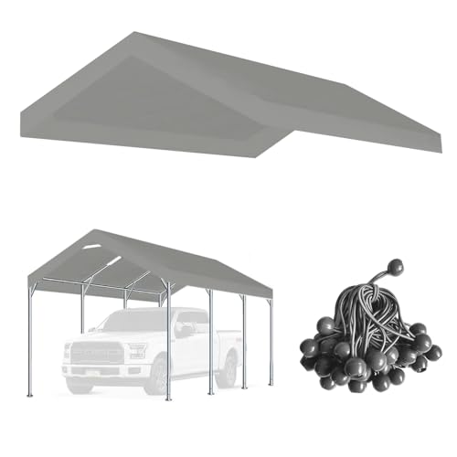 Vanteriam 12'x20' Upgraded Carport Replacement Top Canopy Cover for Car Garage Shelter Tent Party Tent with Ball Bungees Grey (Only Top Cover, Frame is not Included)