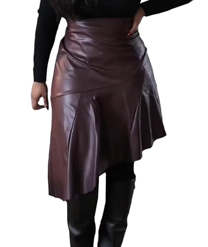 SOMTHRON Women's PU Faux Leather Skirt High Waisted Irregular Ruffle Pleated High Low Midi Skirt
