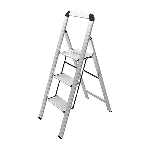 Mephisto Leiter Trittleiter Klappleiter Stufenleiter Haushaltsleiter flach aus Aluminium inkl. Anti Rutsch Trittflächen mit 3 Stufen mit Griff bis 150 kg Tragkraft