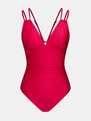 Image of CUPSHE Women's V Neck One Piece Cutout Tummy Control Swimsuit | Double Adjustable Straps,Back Cutout,O Ring,Soft Removable Cups,Flattering Bathing Suit For Vacation And Beach