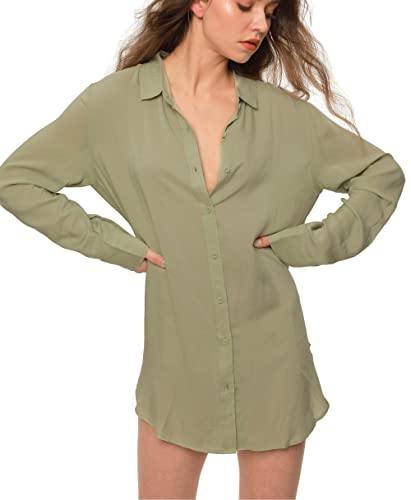 Image of TOUSYEA Sleep Shirts for Women Button Down Shirts Long Sleeve Sleepwear Swimsuit Cover Ups Soft Pajama Tops