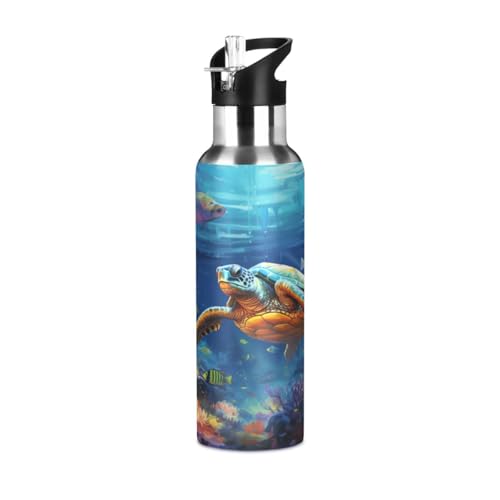 Niigeu Cartoon Fisch Schildkröte Tier Trinkflasche Wasserflasche mit Strohhalm, Thermosflasche Vakuumisolierte aus Edelstahl 18/8, BPA-frei für Kinder Sport Wandern Schule (600ml/1L)