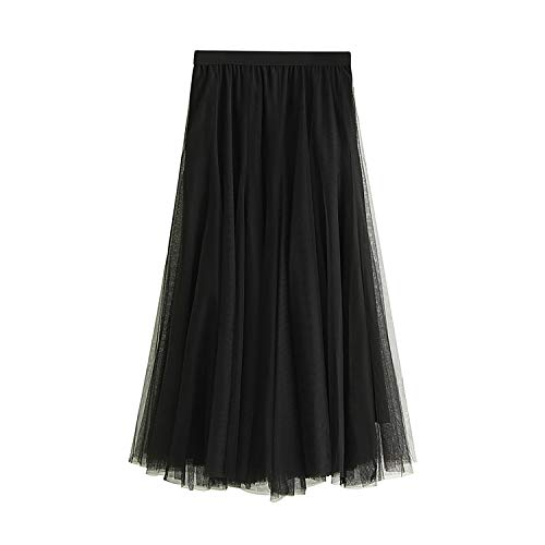 Mujer Faldas Verano Largo Falda de Tul Línea A 83cm de Longitud Falda Plisada hasta el Tobillo Cintura Alta Elegante Maxi Falda Cintura Elástica, Negro