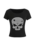 SOLY HUX Women's Rhinestone Punk Skull Tops Y2k Summer T Shirts Short Sleeve Tees Black Rhinestone Medium