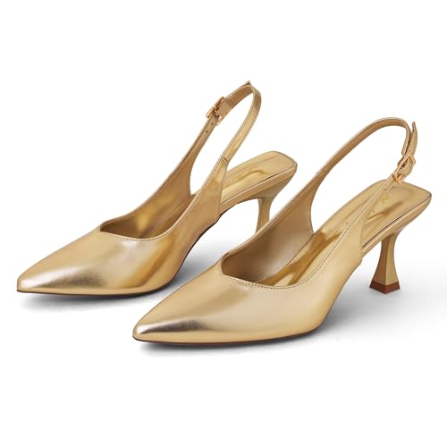 Image of Elisabet Tang Women's Kitten Heel Slingback Low Pumps 3 Inches Stiletto Pointed Closed Toe Elegant Dressy Bridal Wedding Party Shoes