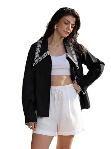 Chemise noire Toda femme : coton respirant et broderie élégante