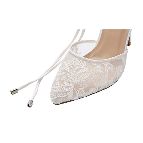 ERIJUNOR Ivory Lace Mesh Satin Bridal Wedding Shoes for Women Comfortable Mid Heel Tie Up Ankle Strap Pointy Toe Pumps4