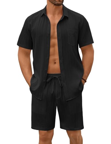 COOFANDY Mens Beach Outfits 2 Piece Sets Casual Short Sleeve Button Down Summer Textured Shirt
