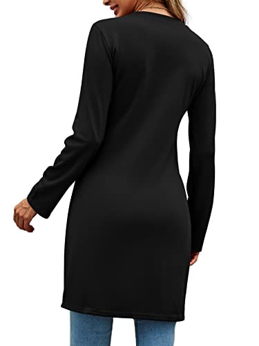 Lyaner Women's Sexy Zip Up V Neck Long Sleeve Side Split Asymmetrical Hem Longline Tunic Blouse Top Black Large #TOP1