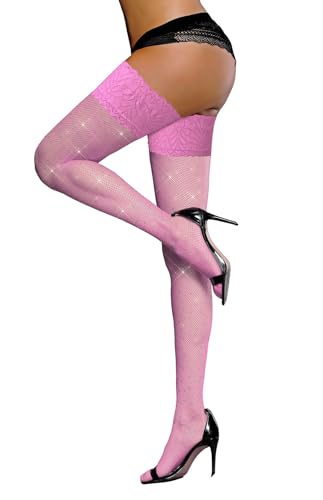 LUCKELF Women's Thigh High Stockings Fishnets with Silicone Lace Top 8+ Colors Fishnet Stockings Sparkle Tights
