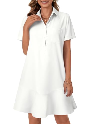 Image of OPOIPIN Women's Collared V Neck Stripe Short Sleeve Button UP Ruffle Hem Shirt Tunic Mini Dress