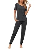 Ekouaer Pajamas for Women Set 2 Piece Lounge Set Short Sleeve Pjs Joggers Long Pants Sleepwear with Pockets Dark Gray