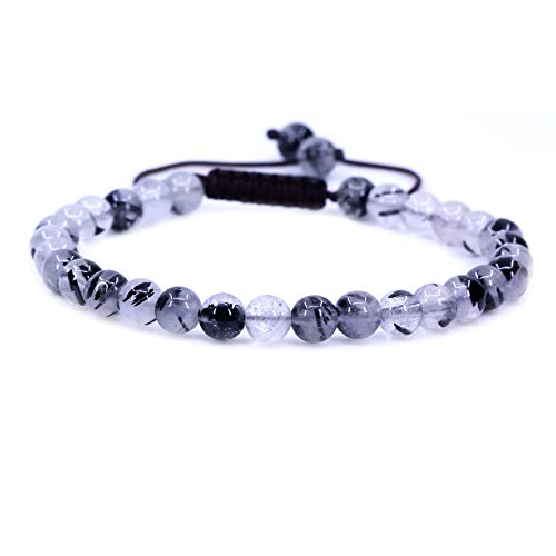 Natural Black Rutilated Quartz Gemstone 6mm Round Beads Adjustable Bracelet 7 Inch
