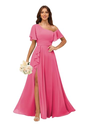 Image of One Shoulder Bridesmaid Dresses for Women with Pockets Short Sleeve Ruffled Chiffon Formal Evening Gowns