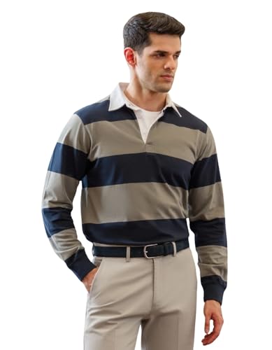 BRIAN OAK LONDON Mens Grey and Navy Striped Rugby Polo Shirt Long Sleeve Yarn Dyed Cotton Blend Regular Fit Casual Athletic Top (UK Alpha M Regular Regular Grey/Navy)