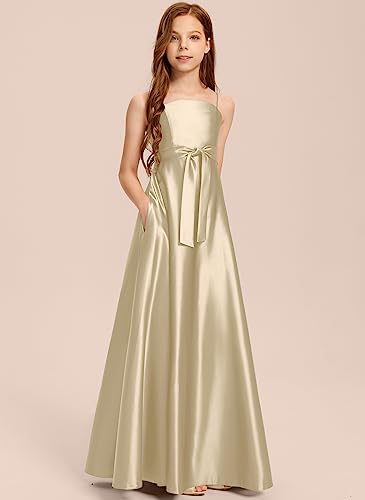 Junior Bridesmaid Dress, Flower Girl Dresses, Formal Dress for Teen Girls Bow A-line Square Floor-Length Satin4
