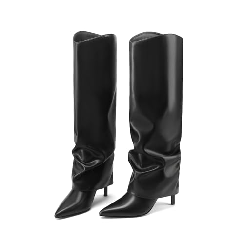 Vaslemuse Womens Fold Over Knee High Boots Stiletto High Heel Slouchy Tall Boots Pointed Toe Sexy Long Boots Fashion Dress Shoes with Side Zipper 5