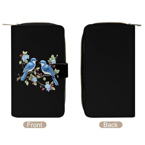 Two Blue Birds Sitting on Branch Fashion Women's Wallet RFID Blocking Bifold Clutch Purse Compact Card Holder 19.7x11x3.5cm3