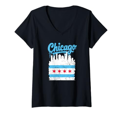 Femme Drapeau de Chicago Vintage Drip Distressed USA City Pride T-Shirt avec Col en V