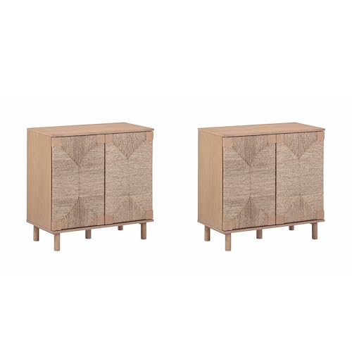 Image of Nathan James Beacon Boho TV Stand, Free Standing Kitchen Cabinet Storage with Adjustable Interior Shelf and Seagrass Accent, Seagrass /Raw Oak, Set of 2