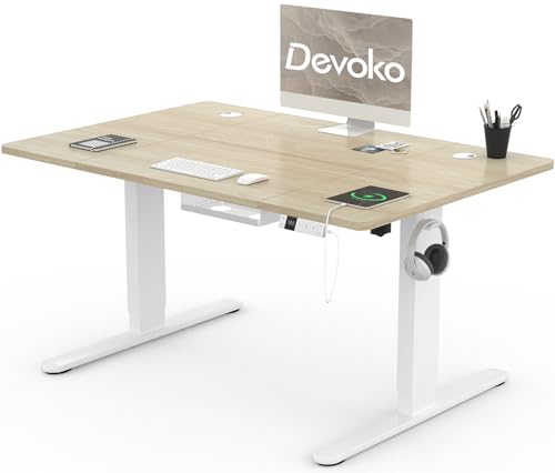 Devoko Höhenverstellbarer Schreibtisch 120x80cm mit Typ-C Ladeanschluss, Schreibtisch Höhenverstellbar Elektrisch, Mobiler Elektrisch Computertisch mit Kabel Management Tray, Eiche