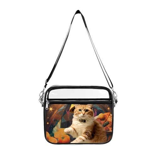 Space Cat with Pizza Large Crossbody Bag Clear Stadium Bag Anti-Theft Side Shoulder Bags Messenger Bag with 2 Compartments