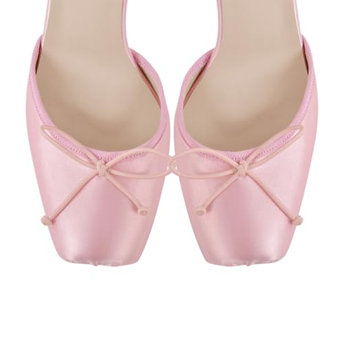 sexytag Satin Ballet Heels for Women Lace Up Stiletto High Heel Pumps Closed Square Toe Bow Ballerina Heel Party Dress Shoes4