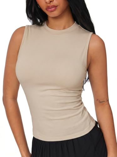 Image of CIDER Womens Tank Tops Sleeveless High Neck Ruched Crop Tops Going Out Casual Basic Ribbed Shirt Summer Fashion Clothing