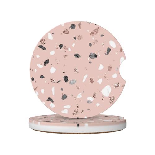 Image of Pink Terrazzo Car Coasters for Cup Holder Absorbent Ceramic Cup Coaster 2 Pack Anti Slip Car Interior Accessories with Finger Notch Cork Base for Women Men 2.56 inch