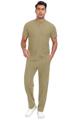 PrinStory Men's Short Sleeve Outfits Waffle Knit Henley Shirt and Pants Set Casual 2 Pieces Summer Tracksuits with Pockets4