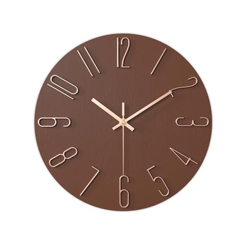 JUSTUP Large Wall Clock, 12 Inch Minimalist Modern Wall Clock for Bedroom, Movement Silent Battery Operated Wall Clock, Big Round Decor Clock for Home Living Room Office (Brown)