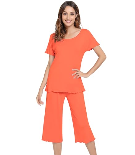 Image of NACHILA Women's Bamboo Viscose Pajama Sets Summer Cooling Short Sleeve Capri Soft Pjs Night Sweats Moisture Wicking Sleepwear