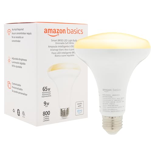 Image of Amazon Basics Smart BR30 LED Light Bulb, Dimmable Soft White (2700K), 9W (60W Equivalent), 800LM, Works with Alexa Only, 2.4 GHz Wi-Fi, No Hub Required, 1 Pack