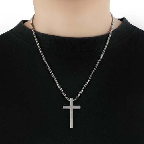 SanThree 3mm Pure Titanium Cross Necklace for Men Women Square Box Rolo Chain, Skin Friendly Solid Round Link Rolo Chain for Birthday Valentines Graduation Gifts，21.65"/23.62“3