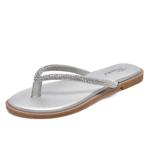 Image of NianEr Womens Microfiber Leather Memory Foam Sandals Flip Flops Slides | Rhinestone, Glitter, Sparkly, Bling, Jeweled, Sparkle, Diamond, Flat, Comfortable, Slip On, Dressy, Dress, Beach, Vacation