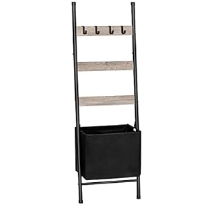 HOOBRO Blanket Ladder with Basket, 4 Tier Ladder Shelf, Decorative Ladder, Blanket Holder Rack with 4 Removable Hooks, Drying and Display Rack for Bathroom, Stable and Sturdy, Greige BG31CJ01