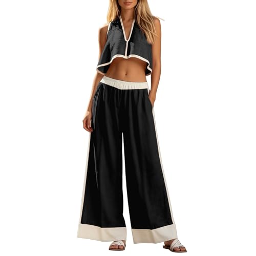 Trajes de verano para mujer de 2 piezas con top sin mangas v pantalones rectos