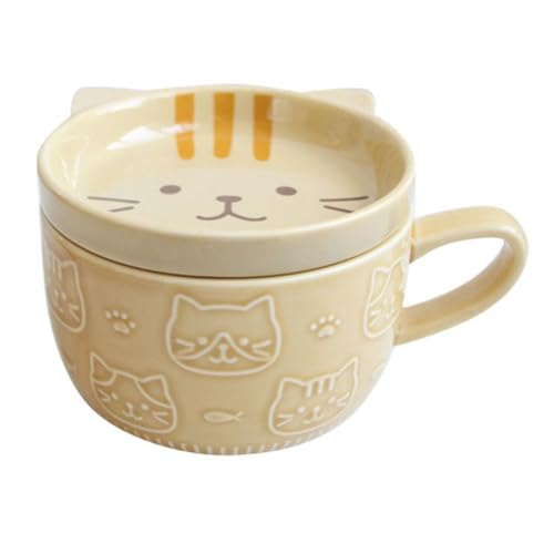 Bloepum Cute Japanese Cartoon Cat Coffee Cup with Lid - Ceramic Breakfast Milk Cup for Couples, Ideal for Home and Office Use B